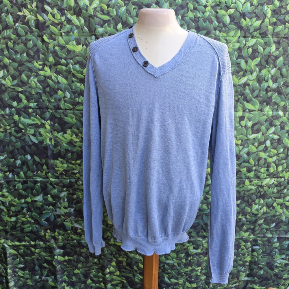 BOSS Orange Hugo Boss Blue Knit Sweater Mens Large V Neck Button Pullover